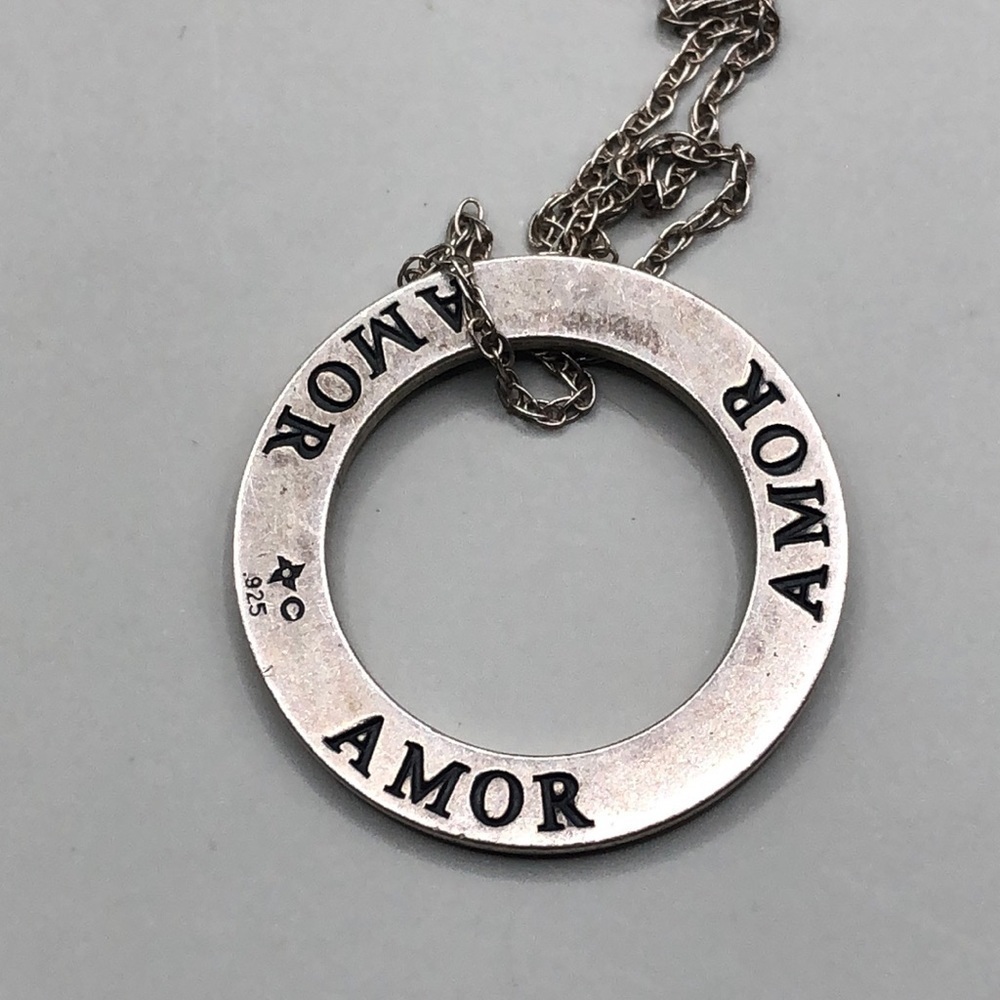 Sterling silver 925 Amor-Love romantic charm pendant chain necklace makers mark.
